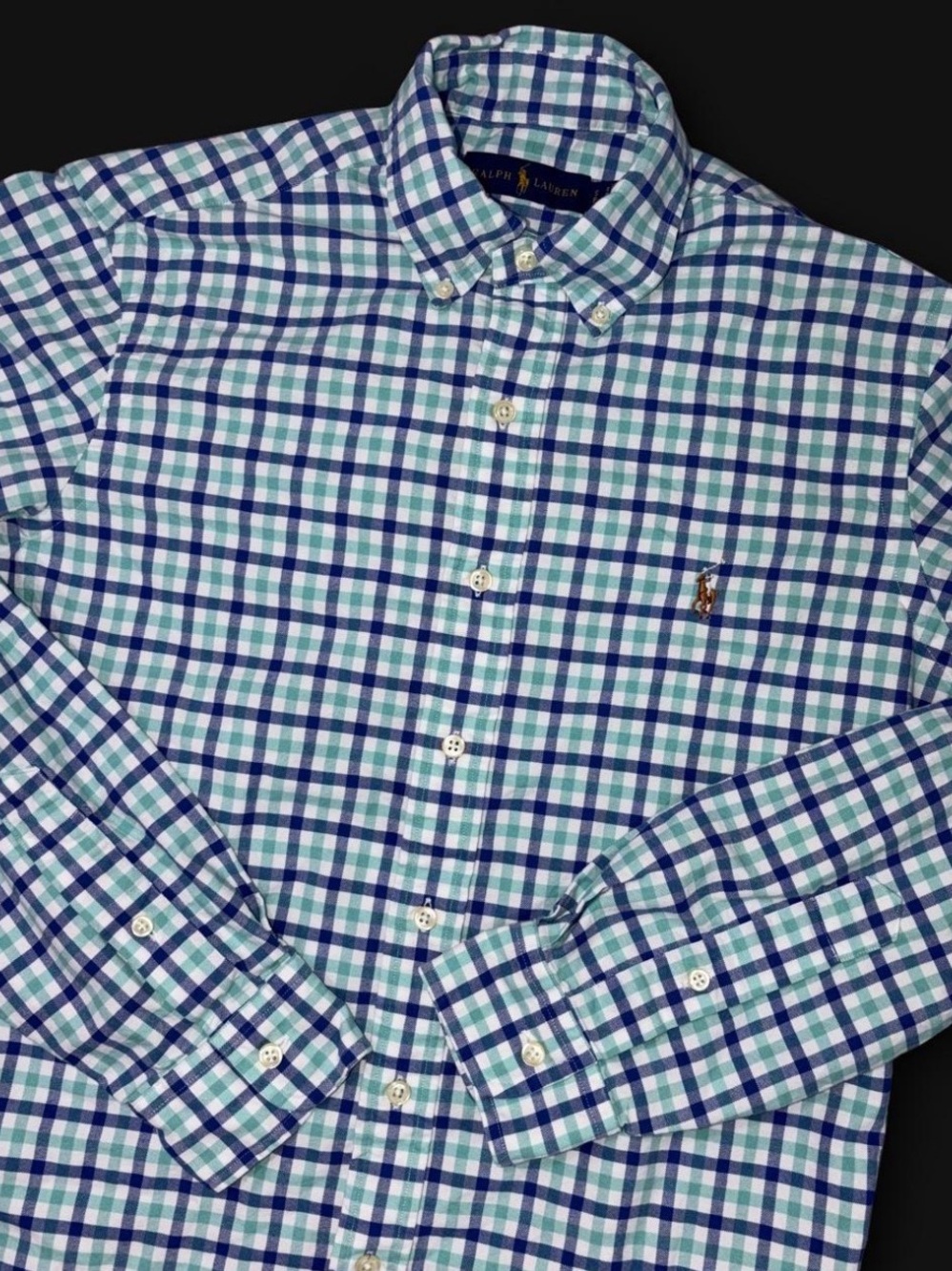 Ralph Lauren Blue Green Gingham Plaid Button Down Shirt Men’s Small